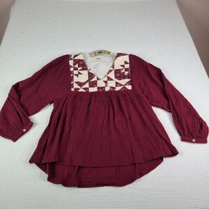 FatFace Helena Patchwork Blouse 12 Dark Red Balloon Sleeve NWT Peplum Hem